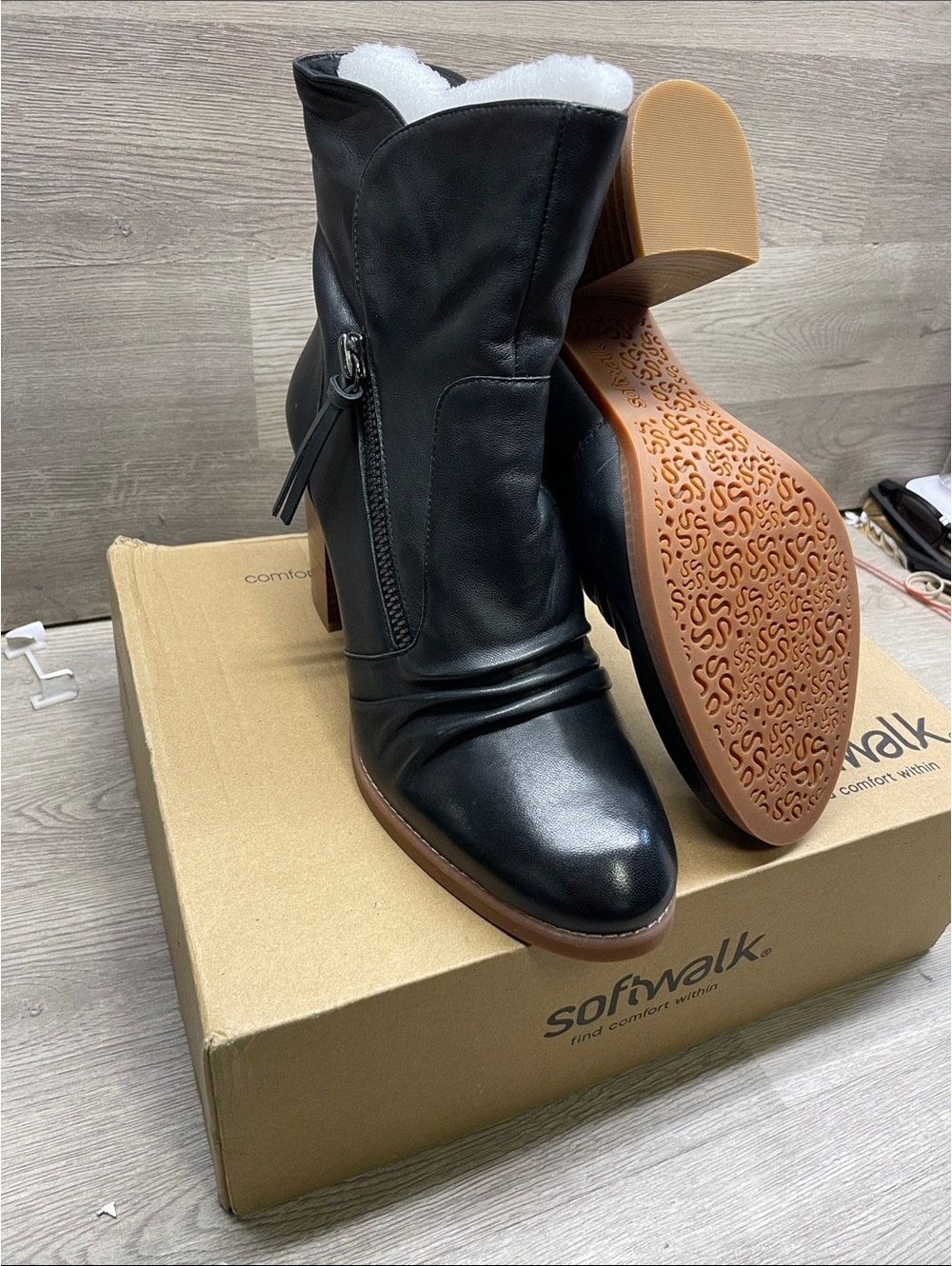 SoftWalk Black Leather Mid-Calf Heeled Boots with Tan Outsole #147